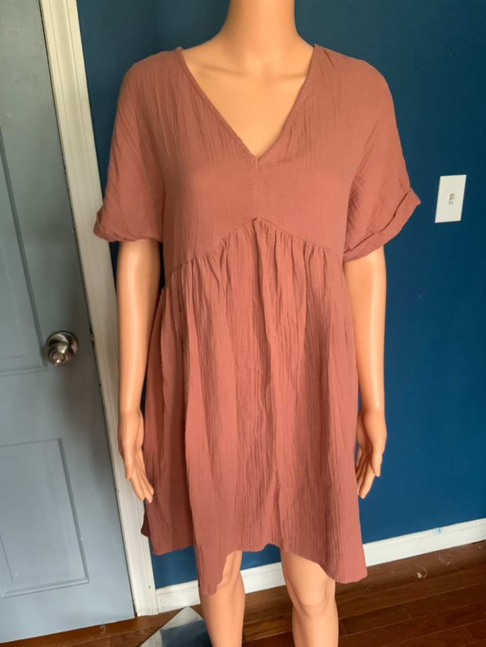 Women's V-Neck Midi Babydoll Dress in Dusty Rose